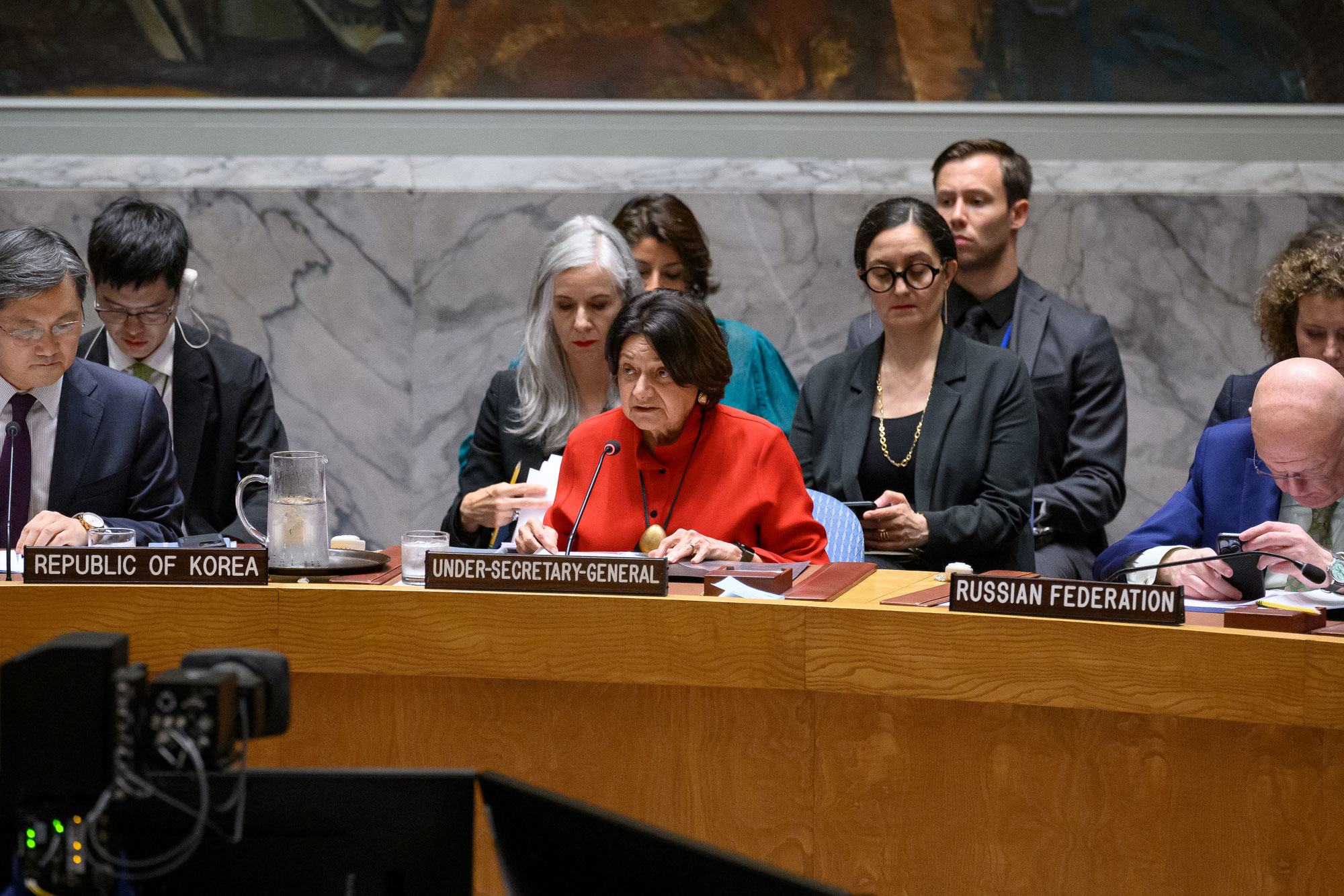 Rosemary DiCarlo, Secrétaire générale adjointe aux affaires politiques et à la consolidation de la paix, lors de la réunion d'urgence du Conseil de sécurité de l'ONU.