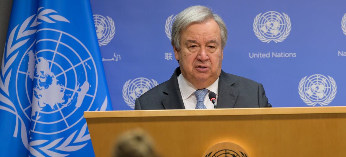 El Secretario General de la ONU, António Guterres, informa a los periodistas el 11 de octubre de 2023 sobre los últimos acontecimientos en Israel y Gaza.