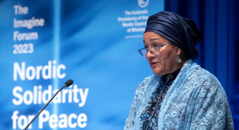 Deputy Secretary-General Amina Mohammed delivers her address to opening session of the Imagine Forum: Nordic Solidarity for Peace conference, in Reykjavík, Iceland.