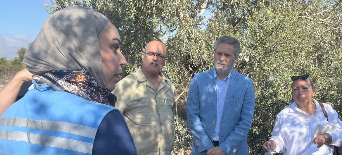 منسق الأمم المتحدة للشؤون الإنسانية في الأرض الفلسطينية مهند هادي (الثاني من اليمين) مع دبلوماسيين وزملاء من الأمم المتحدة في قرية كفل حارس في محافظة سلفيت، لبحث تحديات وحلول مرتبطة بموسم حصاد الزيتون