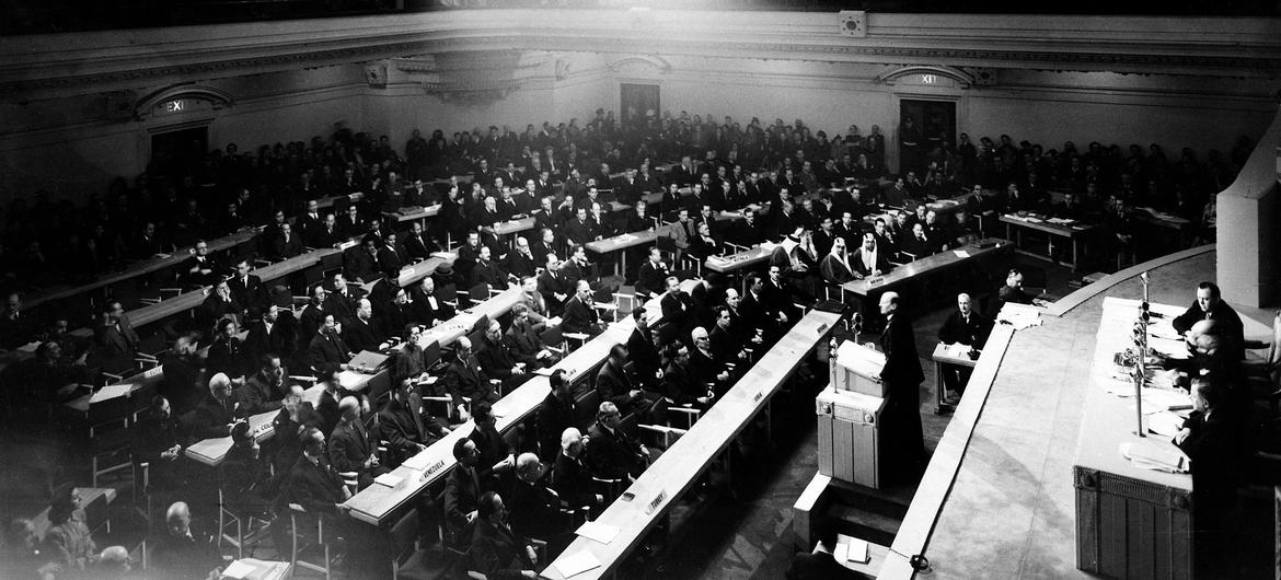 The first session of the UN General Assembly opened on 10 January  1946 at Central Hall in London, United Kingdom. (file)