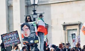 People protest in London's Trafalgar Square to support equality, women and human rights in Iran.