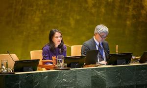 General Assembly President Annalena Baerbock chairs a meeting on the report of the International Criminal Court.