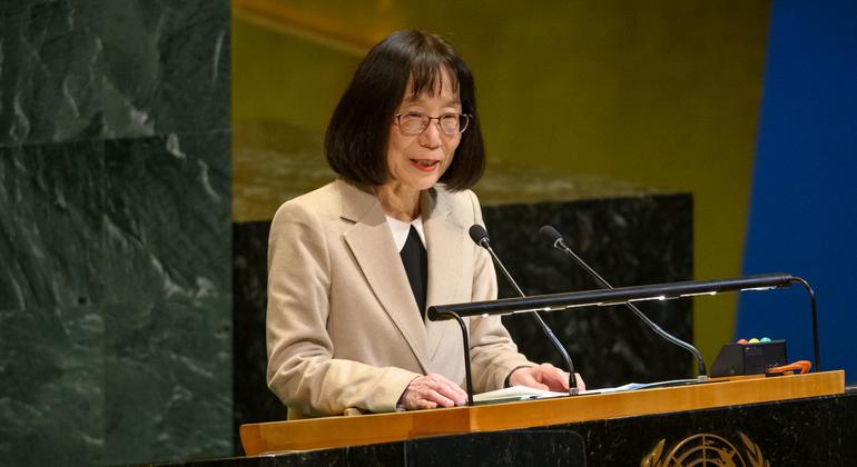 Judge Tomoko Akane, President of the International Criminal Court, deliver the court's report to the UN General Assembly.