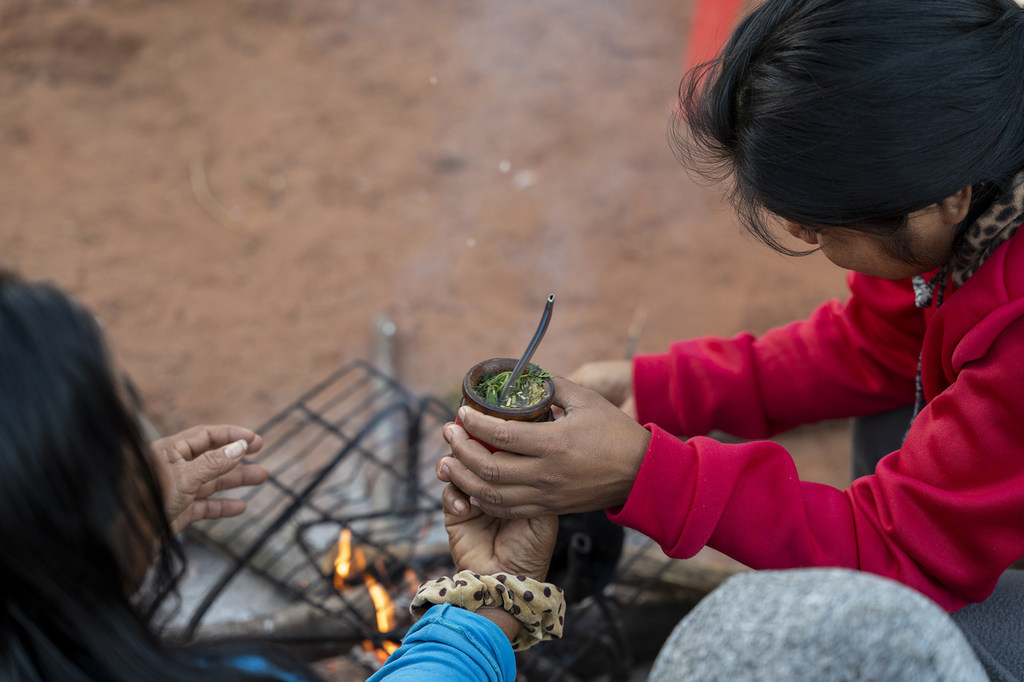 Teodora Vera y su hija comparten mate frente a su casa. Teodora es una mujer indígena rural, participante del proyecto PROEZA (Pobreza, Reforestación, Energía y Cambio Climático).