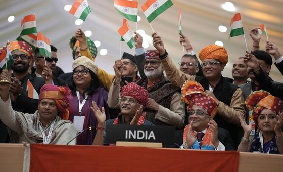 Indian delegation celebrates the inscription of Deepavali at the ICH session in New Delhi.