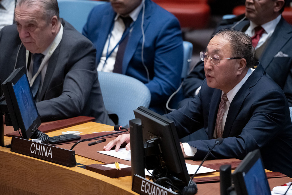 Ambassador Zhang Jun of China addresses the Security Council meeting on the situation in the Middle East, including the Palestinian question.