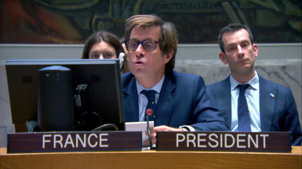 Ambassador Nicolas de Rivière of France addresses the Security Council meeting on the situation in the Middle East, including the Palestinian question.