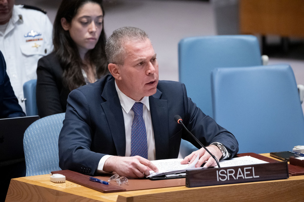 Ambassador Gilad Erdan of Israel addresses the Security Council meeting on the situation in the Middle East, including the Palestinian question.