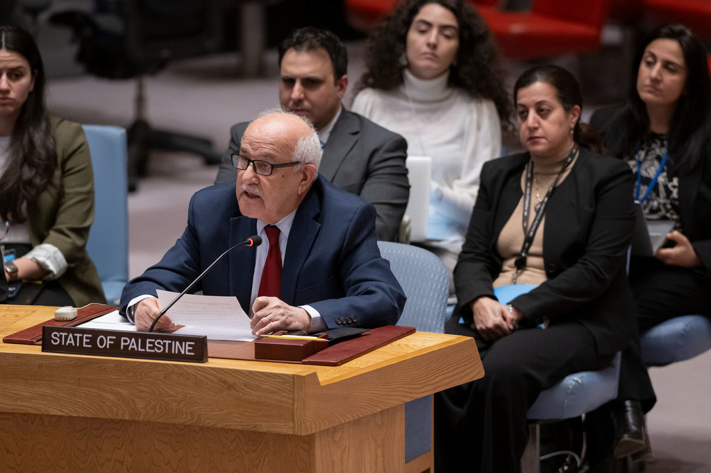 Riyad Mansour, Permanent Observer of the State of Palestine to the United Nations, addresses the Security Council meeting on the situation in the Middle East, including the Palestinian question.