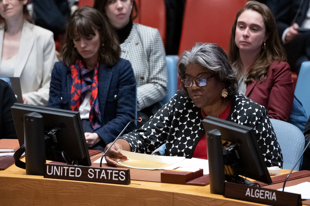 Ambassador Linda Thomas-Greenfield of the United States addresses the Security Council meeting on the situation in the Middle East, including the Palestinian question.