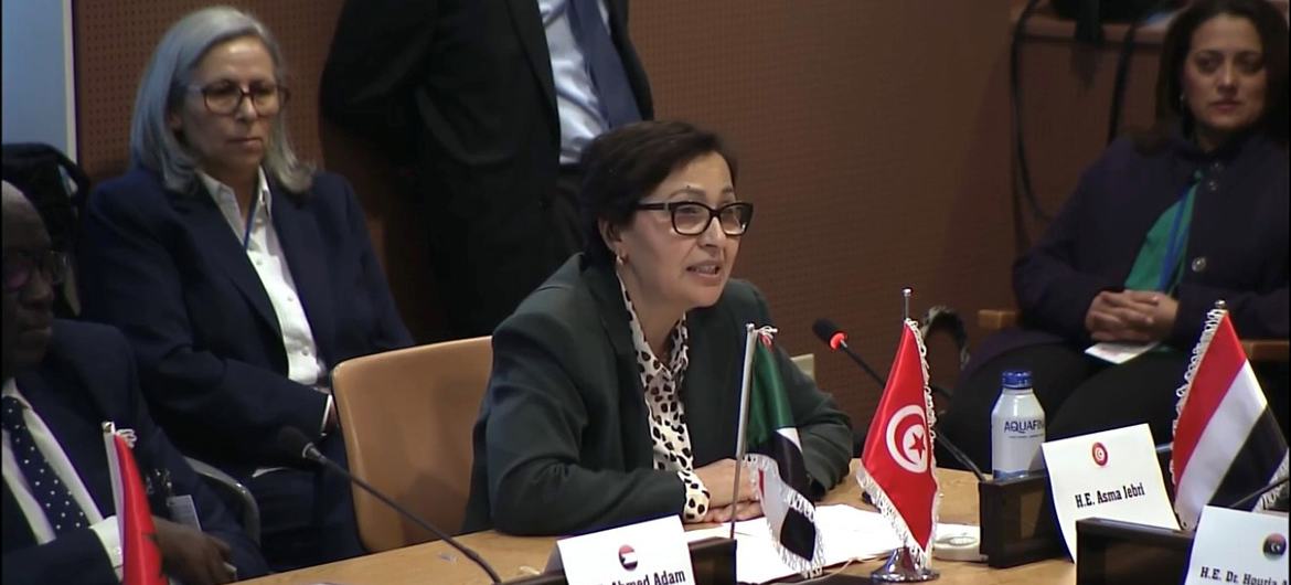 وزيرة الأسرة والمرأة والطفولة وكبار السن التونسية، أسماء الجابري متحدثة في في فعالية جانبية على هامش الدورة التاسعة والستين للجنة وضع المرأة بعنوان: "الرعاية في أوقات الحرب والصراع والأزمات: الارتقاء باقتصاد الرعاية من أجل المرونة والتعافي"