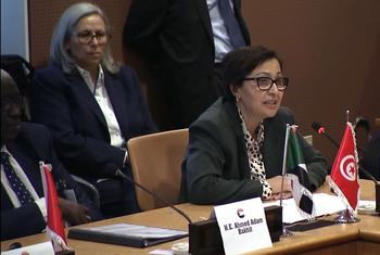 وزيرة الأسرة والمرأة والطفولة وكبار السن التونسية، أسماء الجابري متحدثة في في فعالية جانبية على هامش الدورة التاسعة والستين للجنة وضع المرأة بعنوان: "الرعاية في أوقات الحرب والصراع والأزمات: الارتقاء باقتصاد الرعاية من أجل المرونة والتعافي"