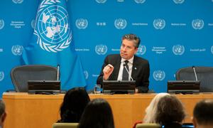 Tom Fletcher, Under-Secretary-General for Humanitarian Affairs and Emergency Relief Coordinator (UNOCHA), briefs journalists at UN Headquarters.
