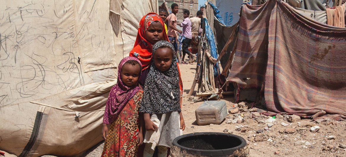 Displaced children at a settlement in Mokha, Yemen.
