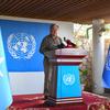 Генеральный секретарь ООН Антониу Гутерриш выступает перед представителями СМИ в последний день своего визита в Сомали.