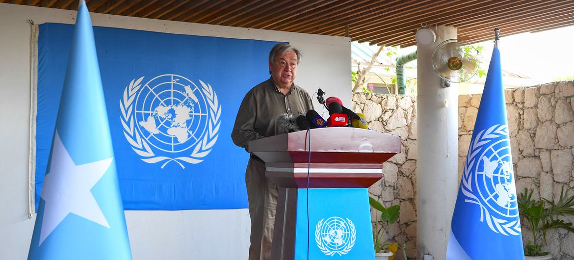 UN Secretary-General António Guterres addresses the media during at the end of his visit to Somalia.