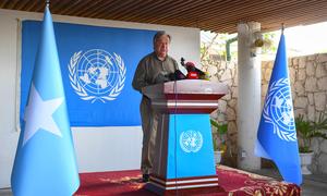 UN Secretary-General António Guterres addresses the media during at the end of his visit to Somalia.