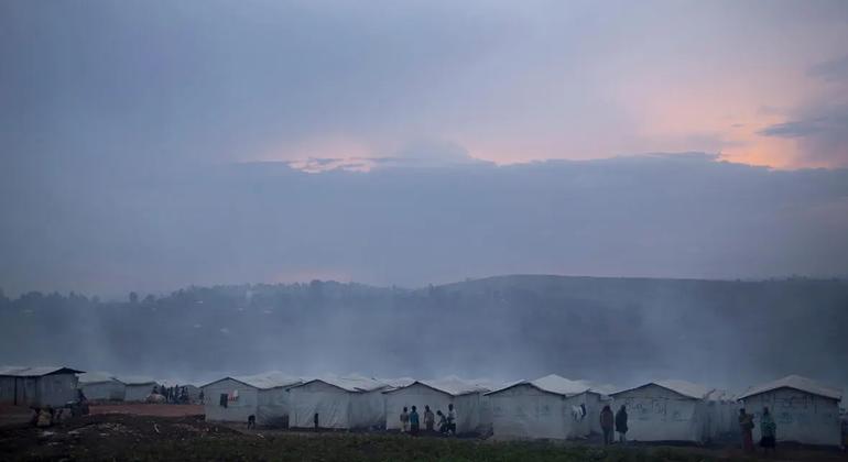Dusk falls at a displacement site for internally displaced people in DR Congo's Ituri province, pictured in March 2022.  