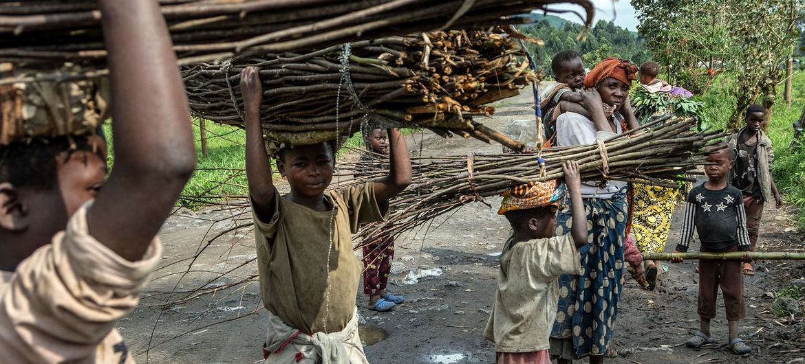 Children carry bundles of sticks along the road in North Kivu province in the Democratic Republic of the Congo.
