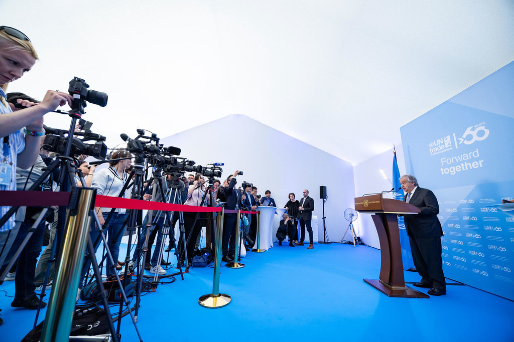 UN Secretary-General António Guterres addresses journalists in Geneva following the opening of UNCTAD's Global Leaders Forum.