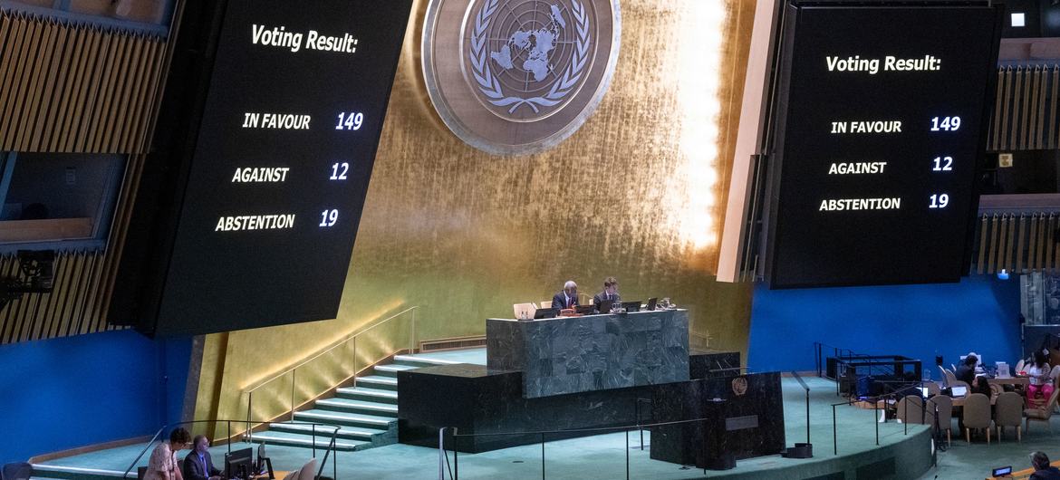 A view of the vote during the 60th plenary meeting of the General Assembly. The meeting discussed illegal Israeli actions in occupied East Jerusalem and the rest of the Occupied Palestinian Territory. A view of the vote during the 60th plenary meeting of the General Assembly. The meeting discussed illegal Israeli actions in occupied East Jerusalem and the rest of the Occupied Palestinian Territory.