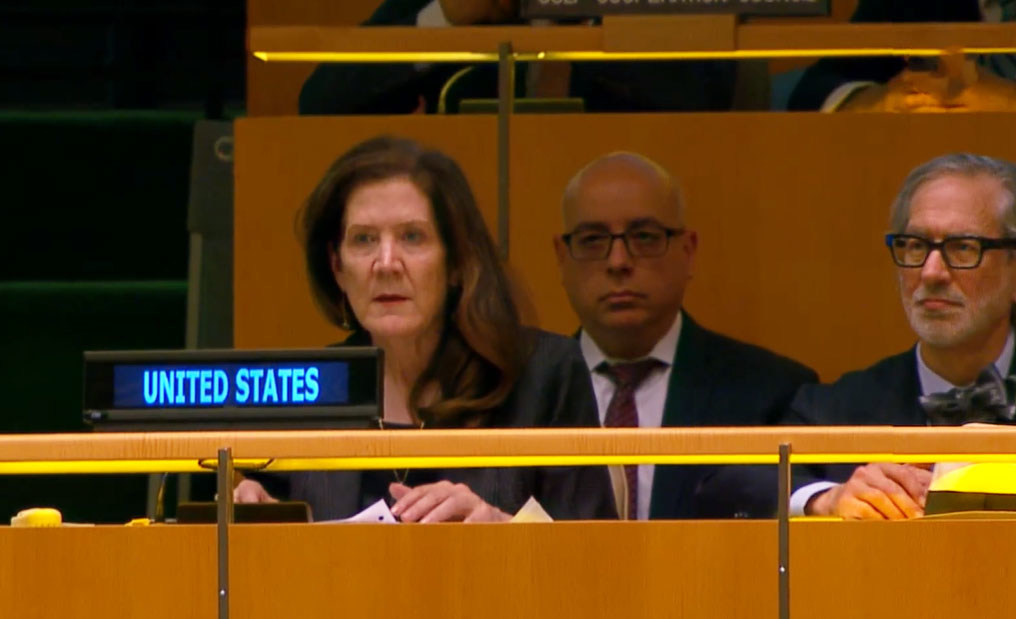La embajadora interina de Estados Unidos ante la ONU, Dorothy Shea, en su explicación de voto a la Asamblea General. La embajadora interina de Estados Unidos ante la ONU, Dorothy Shea, en su explicación de voto a la Asamblea General.