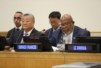2024 年 7 月 10 日，联合国大会主席丹尼斯-弗朗西斯在联合国纽约总部举行的主题活动 "加快全球能源转型与互联互通，促进实现可持续发展目标"上讲话。