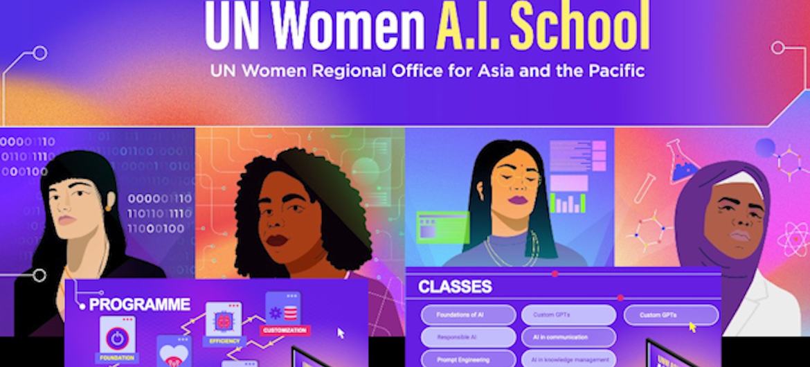 एआई स्कूल,यूएन वीमेन की एक अग्रणी शिक्षण पहल है, जिसका उद्देश्य लैंगिक समानता के समर्थकों को सामाजिक बदलाव, पैरोकारी और संगठनात्मक परिवर्तन के लिए कृत्रिम बुद्धिमत्ता (AI) का प्रभावी उपयोग करने की क्षमता प्रदान करना है.