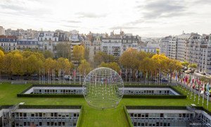 A view of the Symbolic Globe by Erik Reitzel at UNESCO Headquarters in Paris, France.