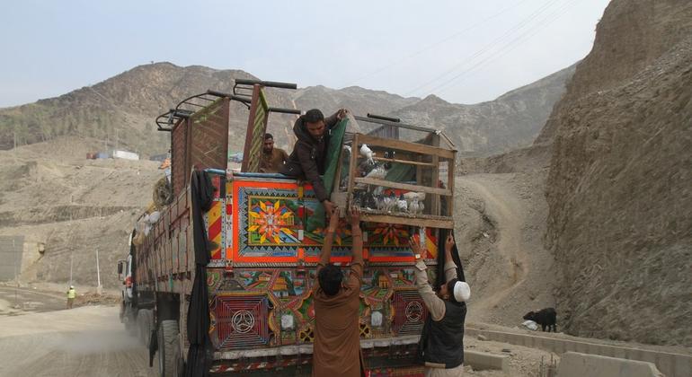 افغان پناہ گزین ٹرک پر اپنا مال اسباب لاد رہے ہیں۔
