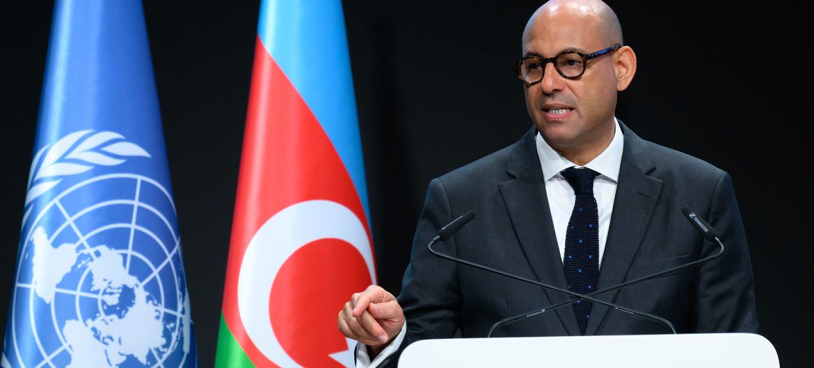 Simon Stiell, Secrétaire exécutif d'ONU Climat à la COP29 à Bakou, en Azerbaïdjan.