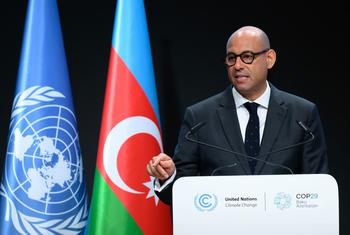 Simon Stiell, Secrétaire exécutif d'ONU Climat à la COP29 à Bakou, en Azerbaïdjan.