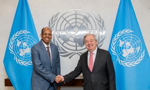 Secretary-General António Guterres (right) meets with Mahmoud Ali Youssouf, Chairperson of the African Union Commission.