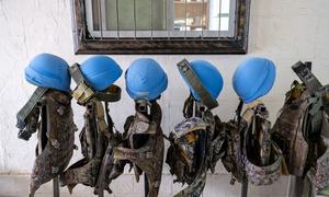 Blue helmets and bulletproof vests belonging to peacekeepers serving with United Nations Interim Force In Lebanon (UNIFIL).