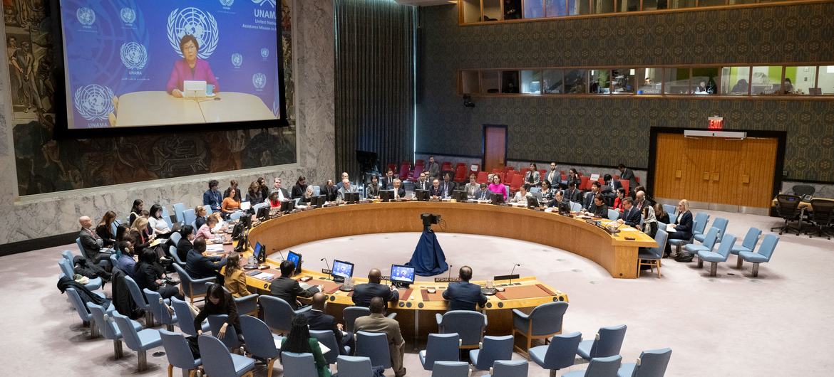 Roza Otunbayeva (on screen), Special Representative of the Secretary-General for Afghanistan and Head of the UN Assistance Mission in Afghanistan, briefs the Security Council.