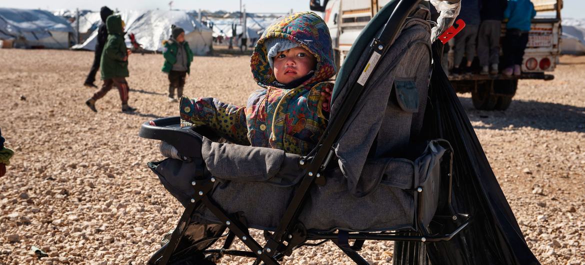 在叙利亚东北部霍尔营地的附属地带，一名幼儿坐在婴儿车里。（资料图）