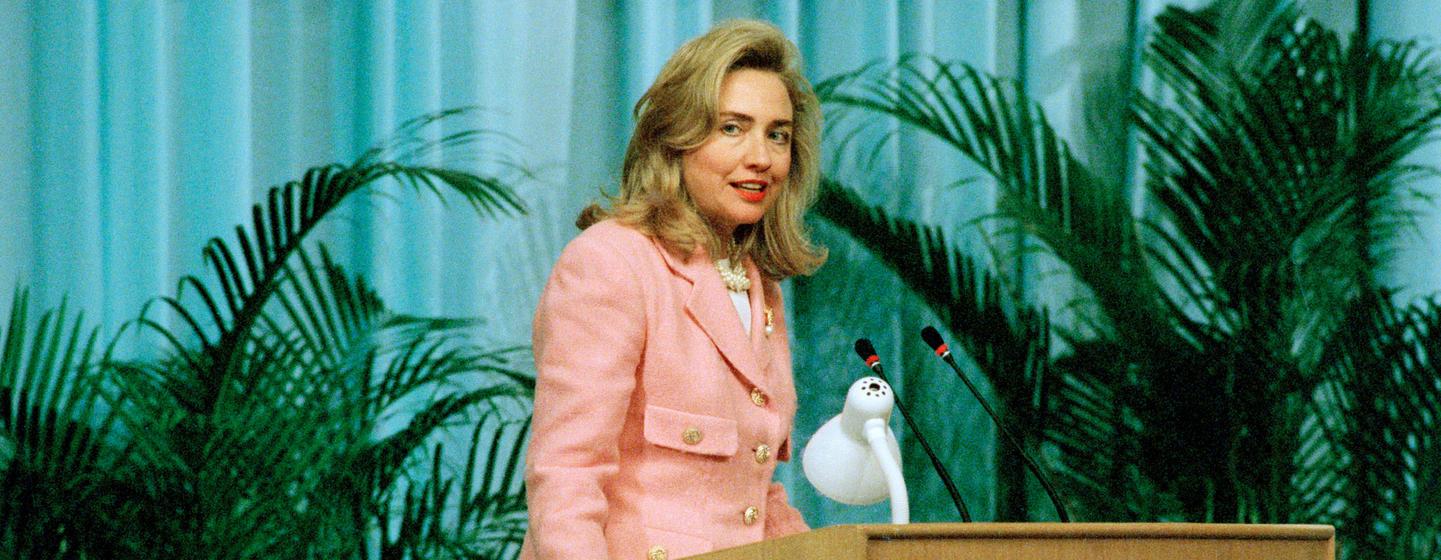 Former First Lady of the United States, Hillary Clinton, addresses the plenary of the United Nations Fourth World Conference on Women in Beijing, China in 1995.