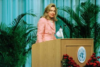 Former First Lady of the United States, Hillary Clinton, addresses the plenary of the United Nations Fourth World Conference on Women in Beijing, China in 1995.