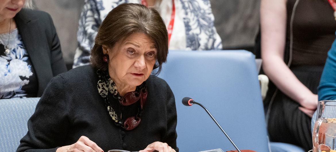 Rosemary DiCarlo, Under-Secretary-General for Political and Peacebuilding Affairs, briefs the UN Security Council meeting on peacebuilding and sustaining peace.