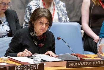 Rosemary DiCarlo, Under-Secretary-General for Political and Peacebuilding Affairs, briefs the UN Security Council meeting on peacebuilding and sustaining peace.