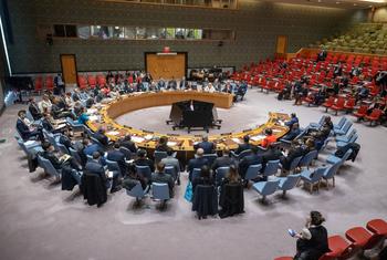 مشهد واسع لاجتماع مجلس الأمن United Nations أثناء انعقاده، حيث يجلس المندوبون حول طاولة حدوة الحصان الشهيرة في القاعة الرئيسية.