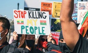 Protestors take to the streets in Washington, DC, in the United States, calling for an end to violence in Myanmar.