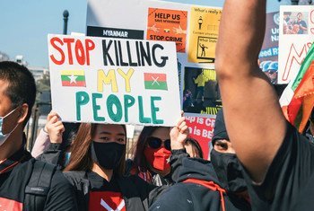 Protestors take to the streets in Washington, DC, in the United States, calling for an end to violence in Myanmar.