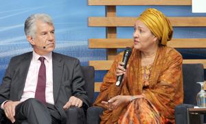 The UN Deputy Secretary-General Amina Mohammed (right) addresses an event at the Spring Meetings of the World Bank Group and International Monetary Fund.  