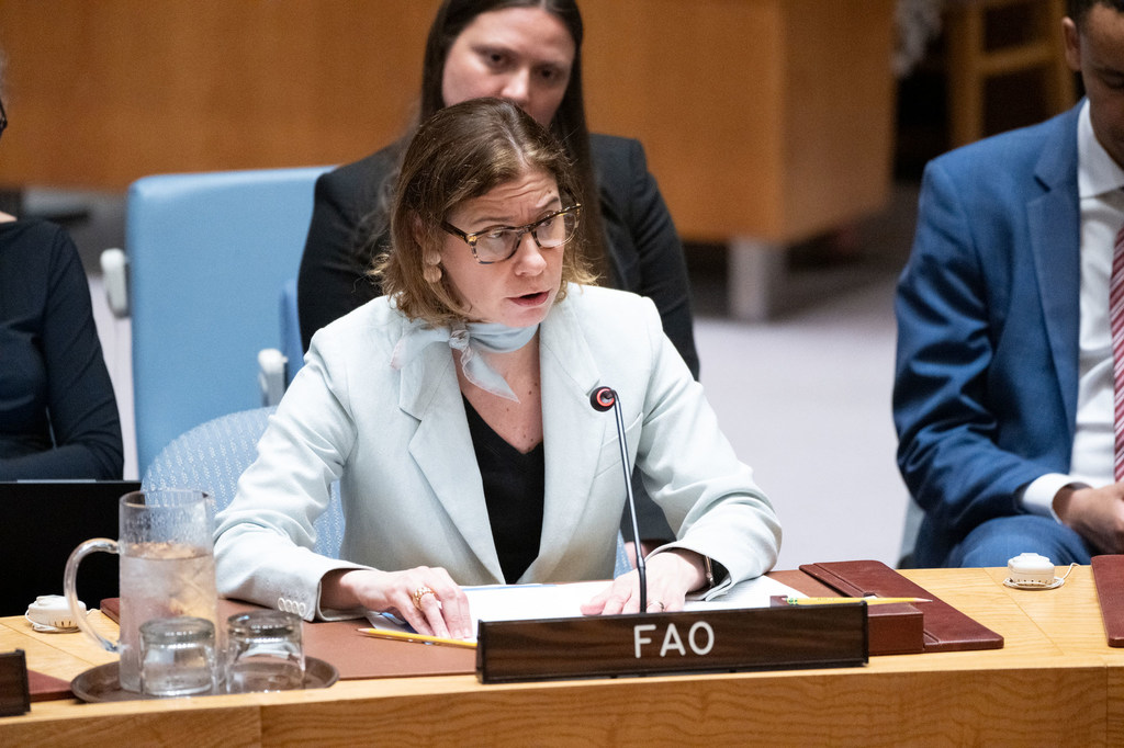 أنجيليكا جاكومي، مديرة مكتب منظمة الأغذية والزراعة الأمم المتحدة (FAO) في نيويورك، تقدم إحاطة لأعضاء مجلس الأمن التابع الأمم المتحدة حول الوضع في الشرق الأوسط، بما في ذلك القضية الفلسطينية.