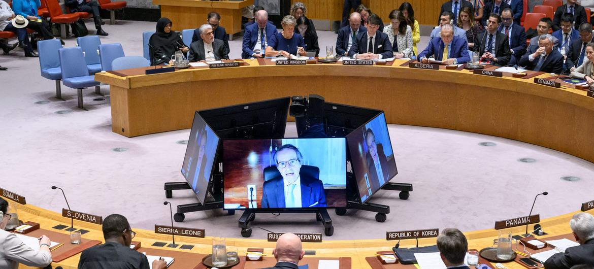 Rafael Grossi (on screen), IAEA Director General briefs the Security Council. Rafael Grossi (on screen), IAEA Director General briefs the Security Council.