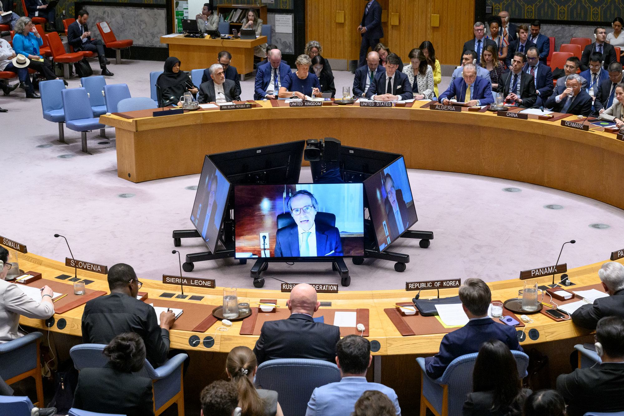 Rafael Grossi (on screen), IAEA Director General briefs the Security Council. Rafael Grossi (on screen), IAEA Director General briefs the Security Council.