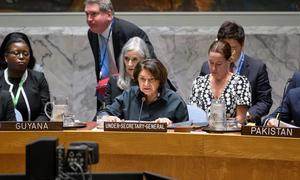 Rosemary DiCarlo, Under-Secretary-General for Political and Peacebuilding Affairs, briefs a recent UN Security Council meeting on Iran.