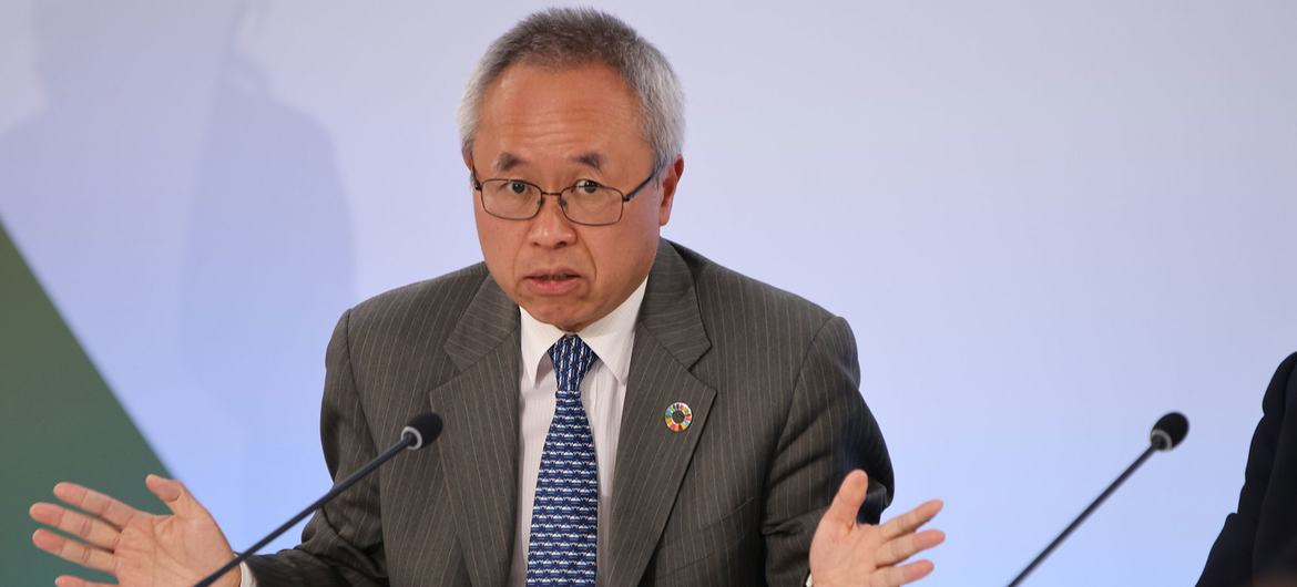 Li Junhua, the UN’s Under-Secretary-General for Economic and Social Affairs and Secretary-General of UNOC3, at the closing press conference, in Nice. Li Junhua, the UN’s Under-Secretary-General for Economic and Social Affairs and Secretary-General of UNOC3, at the closing press conference, in Nice.